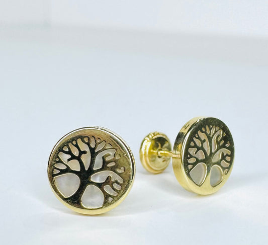 Aretes árbol de la vida madre perla 14k