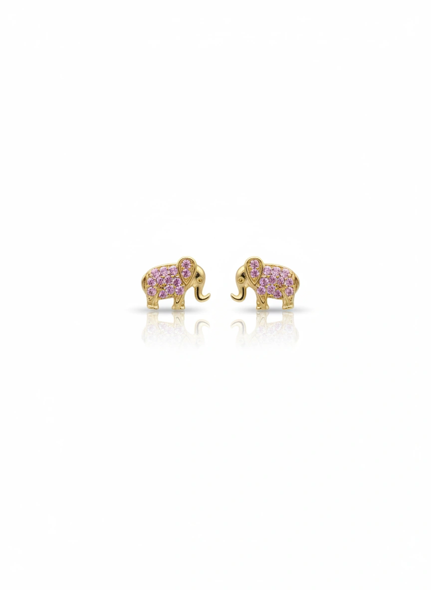 Aretes Elefantes de piedras rosadas  14K