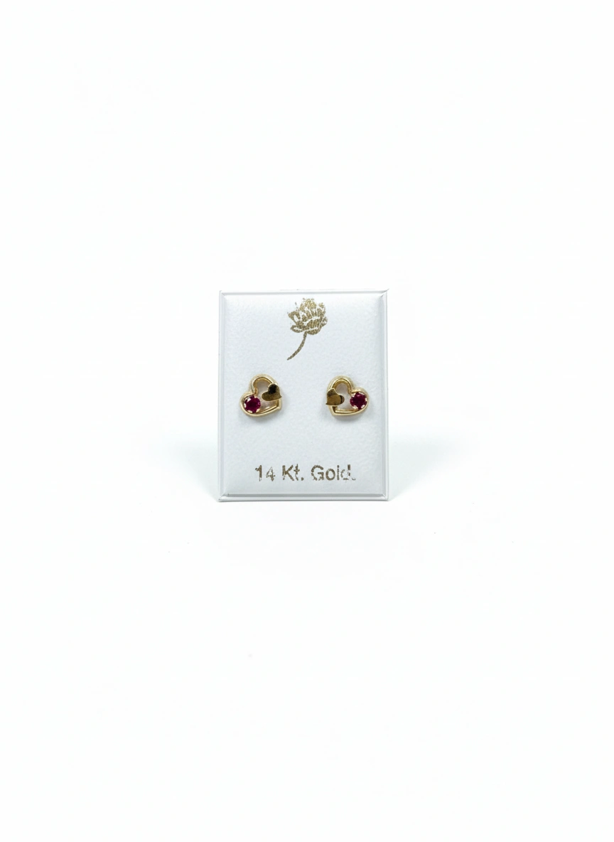 Aretes de corazón con piedra roja 14k