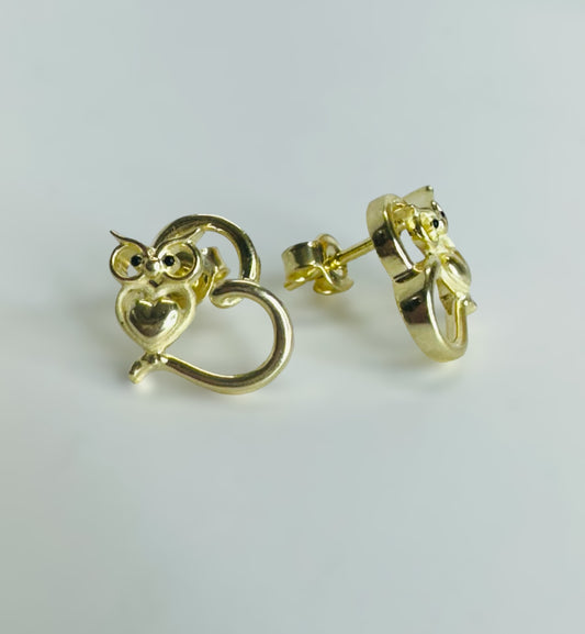 Aretes corazón y búho 14k