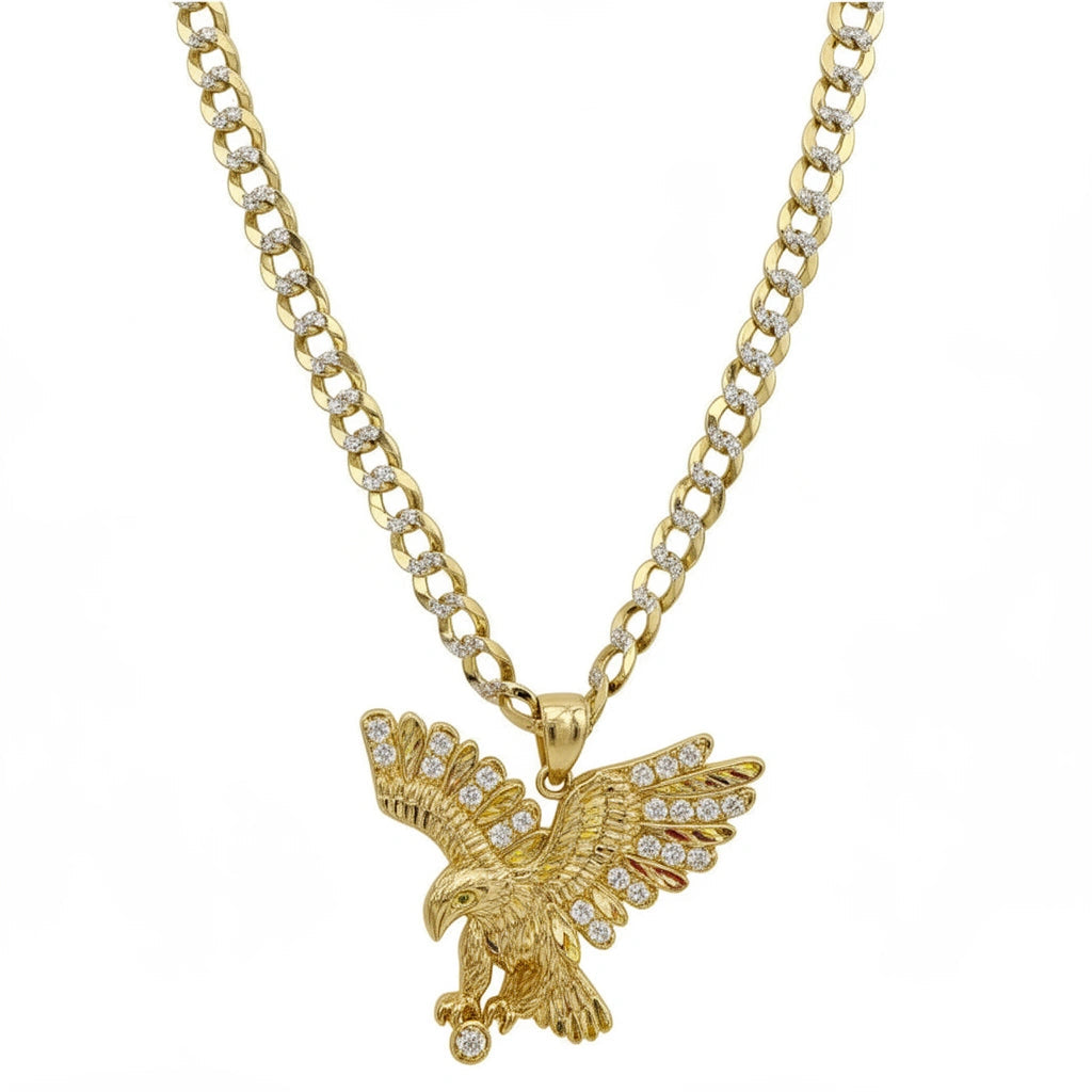 Cadena corte brillo con dije de águila 14k sólida