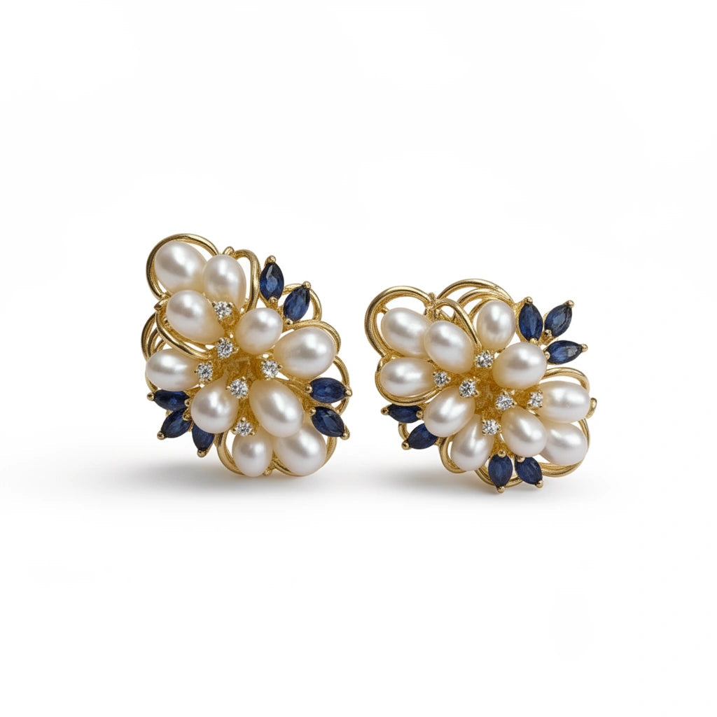 Aretes grandes diamantes naturales zafiro perlas naturales con cierre omega 14k