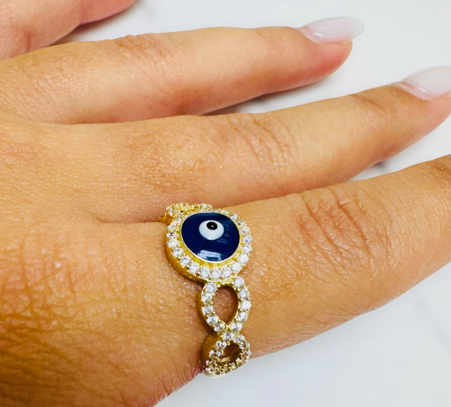 Anillo ojo turco azul con infinito 10k