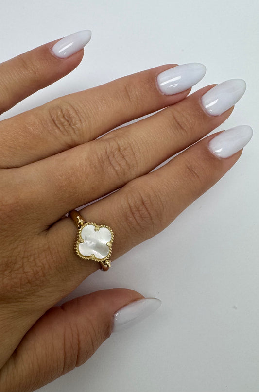 Anillo clover reversible dorado con blanco 14k