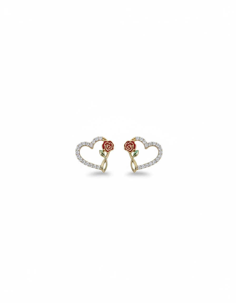 Aretes de corazon con flor 10K