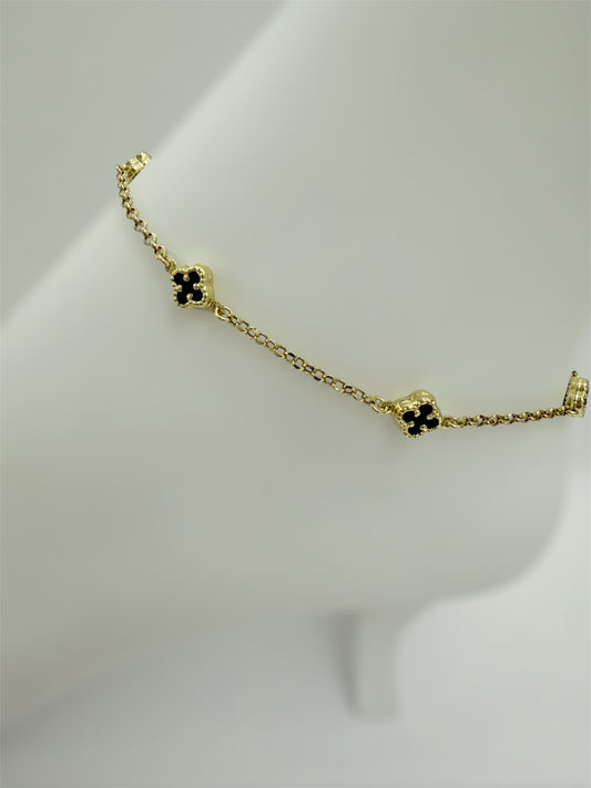 Tobillera de clover negro 14K