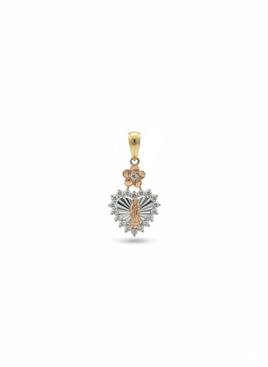 Dije de la virgen de Guadalupe en forma de corazo 14k