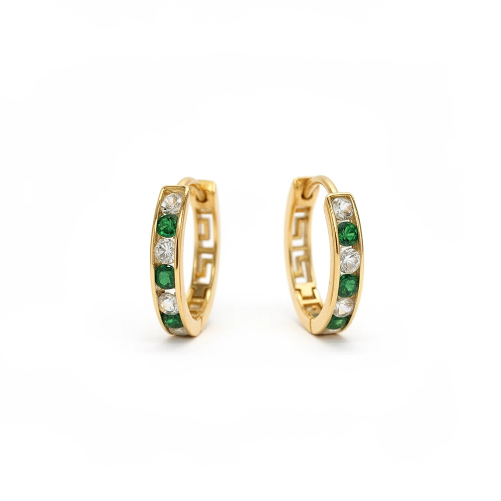 Argollas piedras verde y blanca 14k