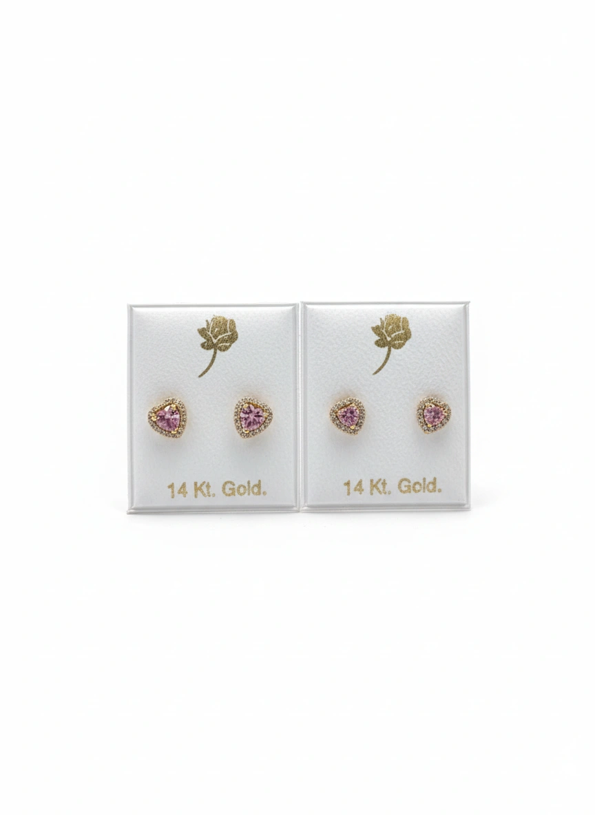 Aretes de corazón con piedra rosa  14K