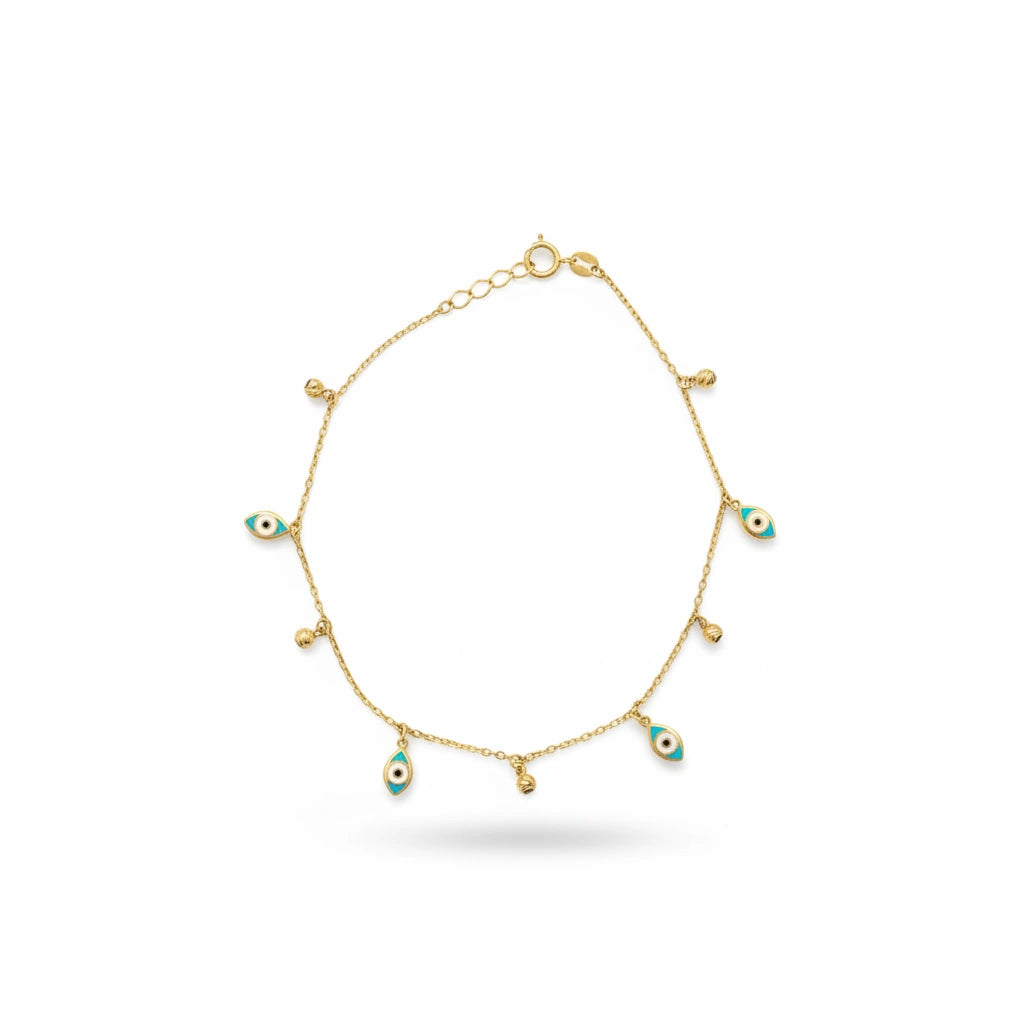 Pulsera ojo turco y balines colgantes 14k