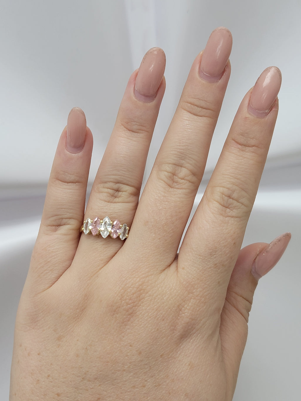 Anillo piedra rosa y blanca 14k