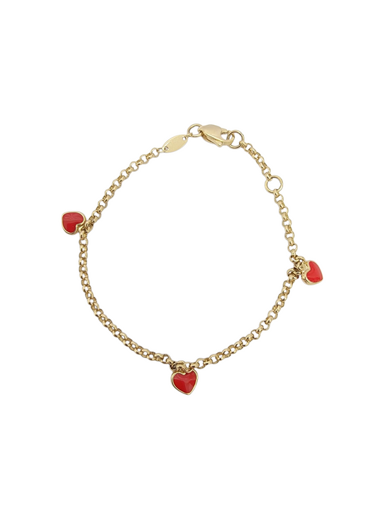 Pulsera de rolito con corazones rojos 14k size 6
